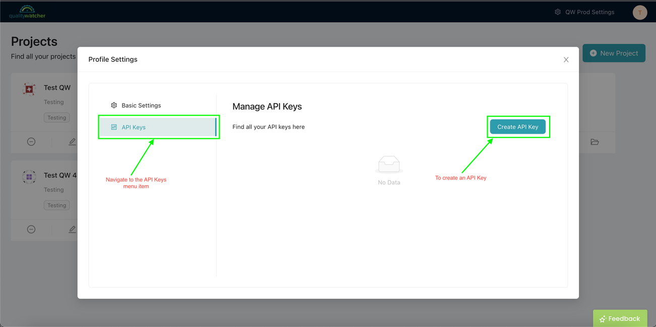 Once you’re within your profile settings, navigate and open the “API Keys” menu. Click the “Create API Key” button to create an API Key.