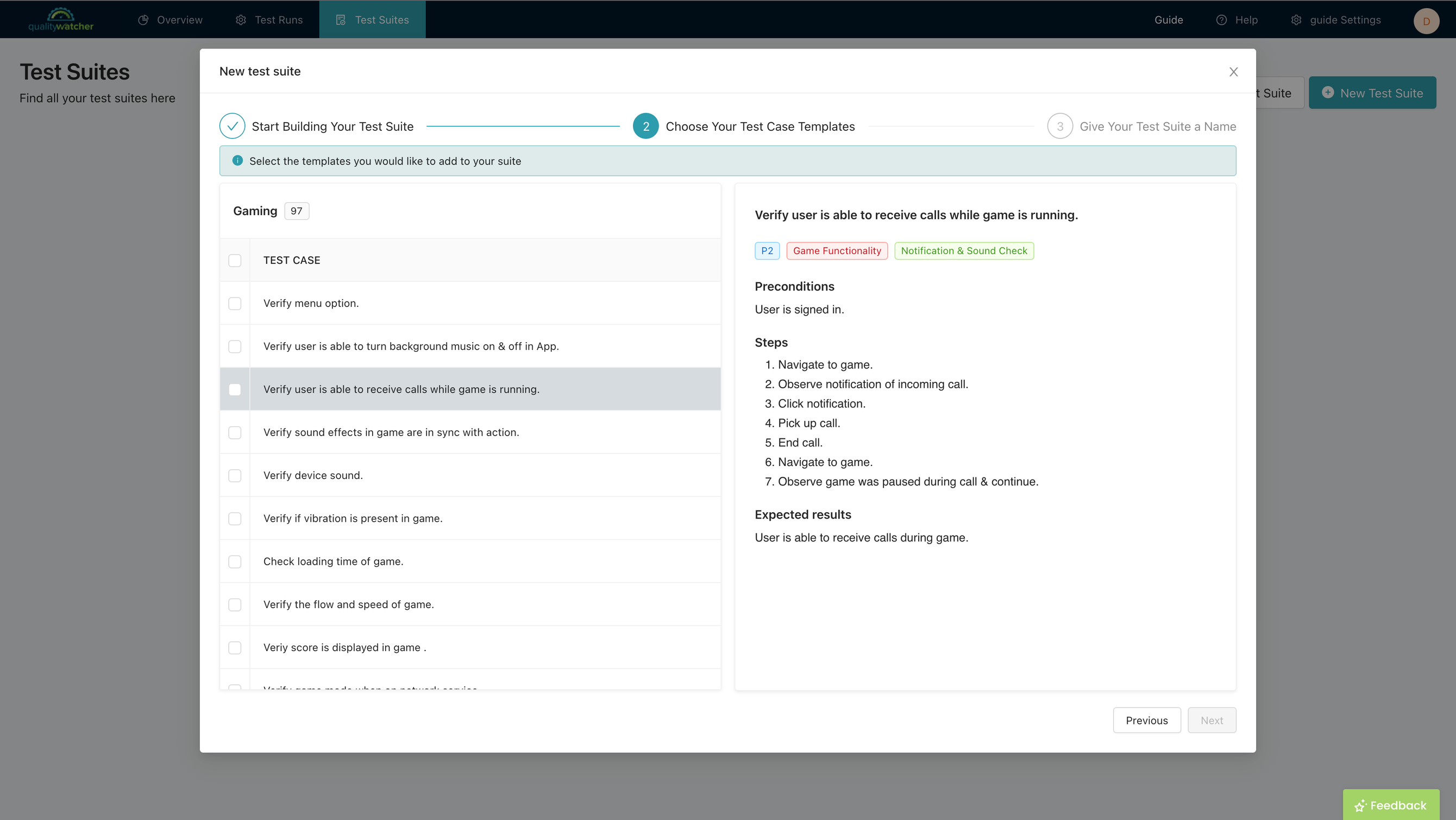 Choose the test suite template that you would like to use