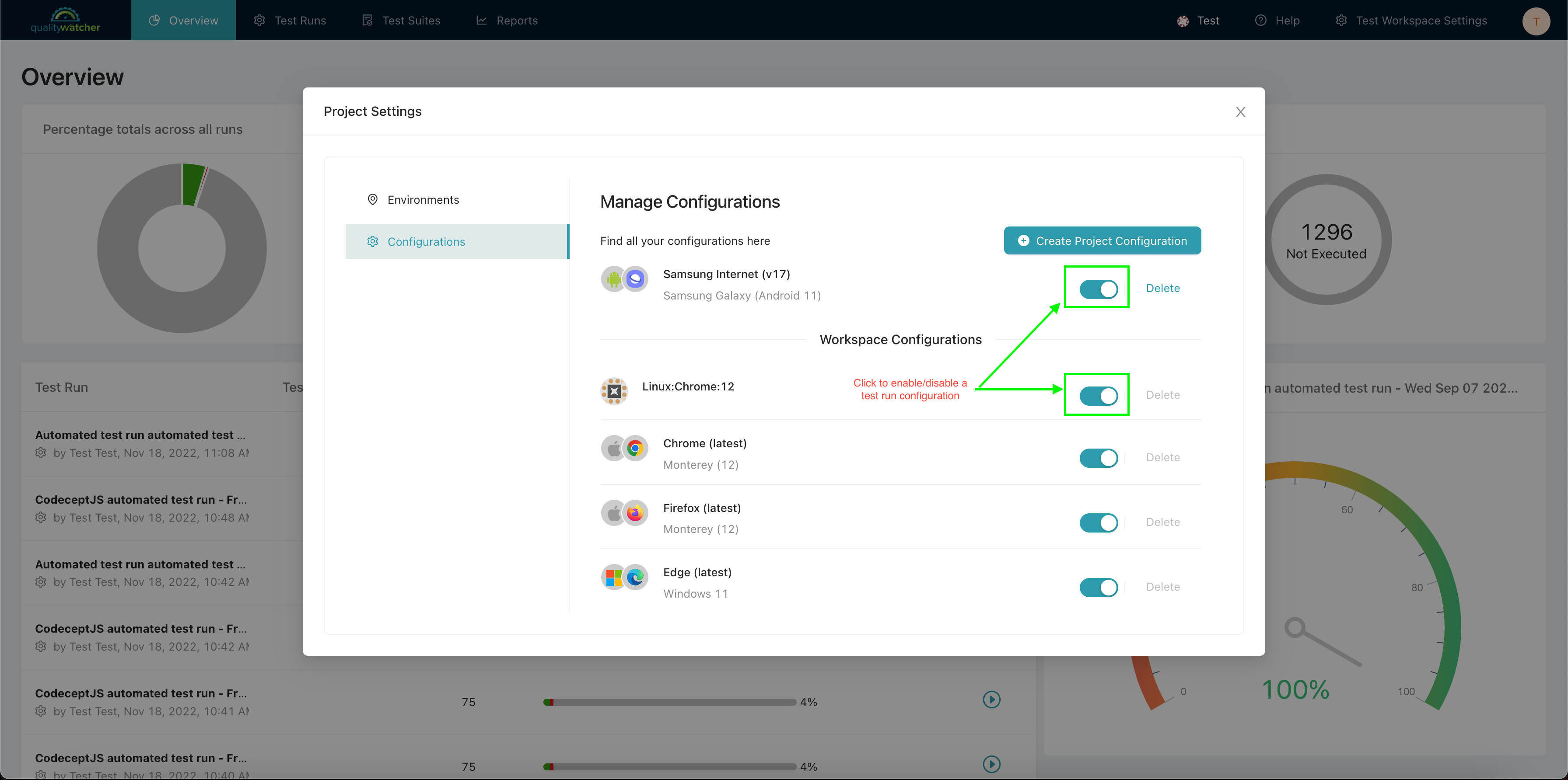 Once created, project level test run configuration will be displayed at the top of the list within the project.