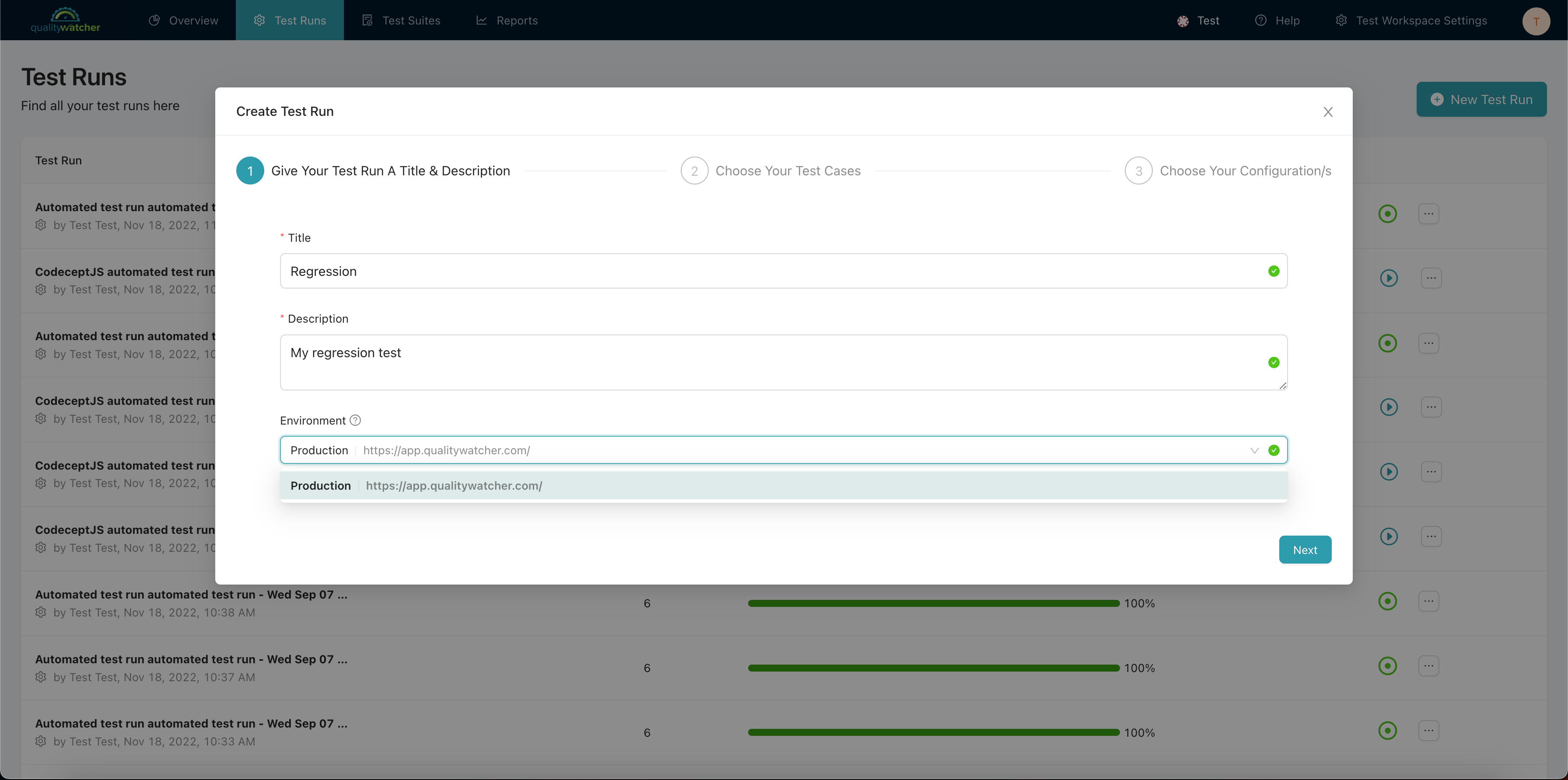 Creating a New Test Run in QualityWatcher