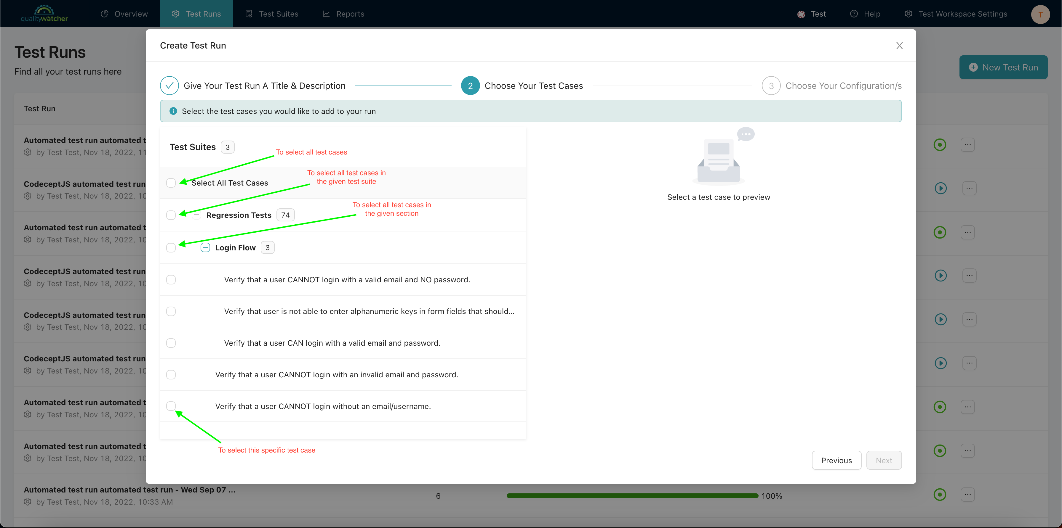 Select the test cases to include in the test run.