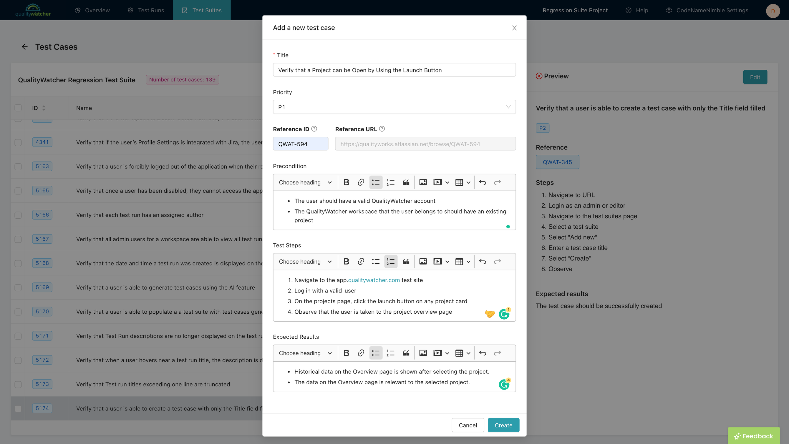 Adding a test case in QualityWatcher