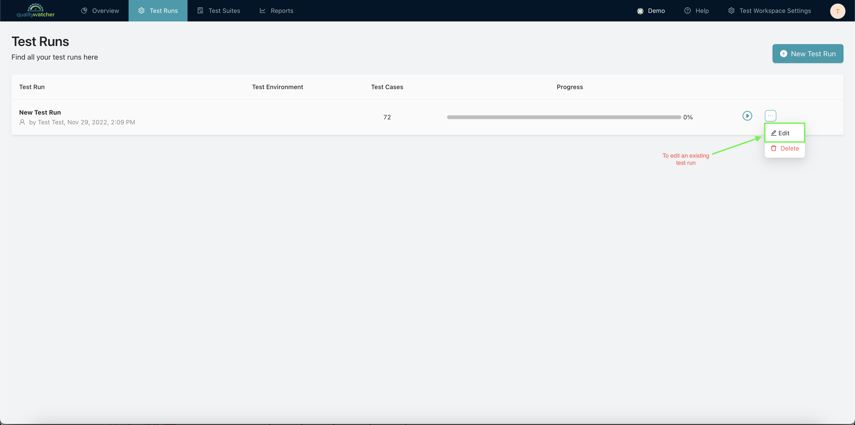 Editing an existing Test Run in QualityWatcher