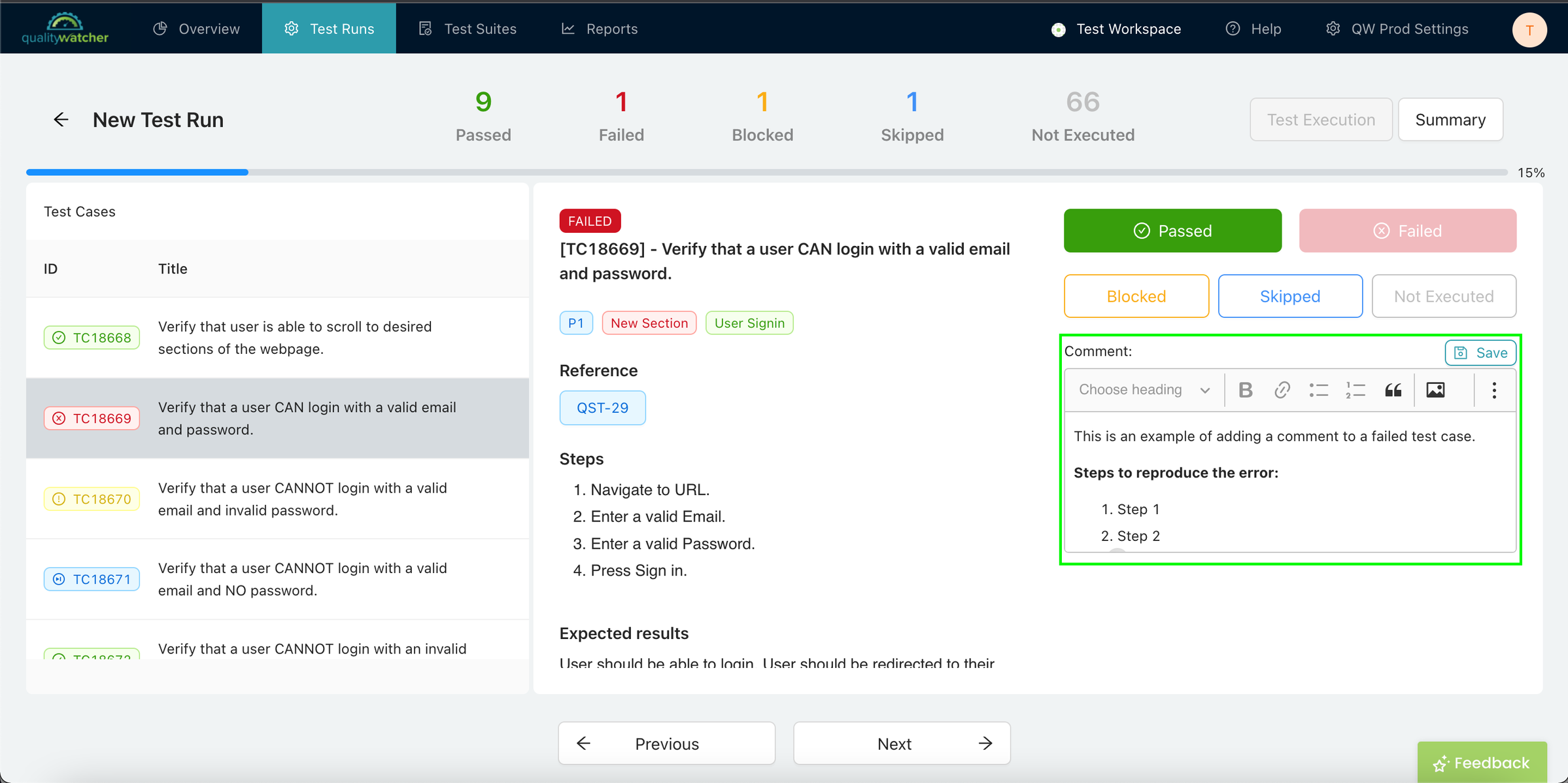 Adding Comments to a Test Case within a Test Run