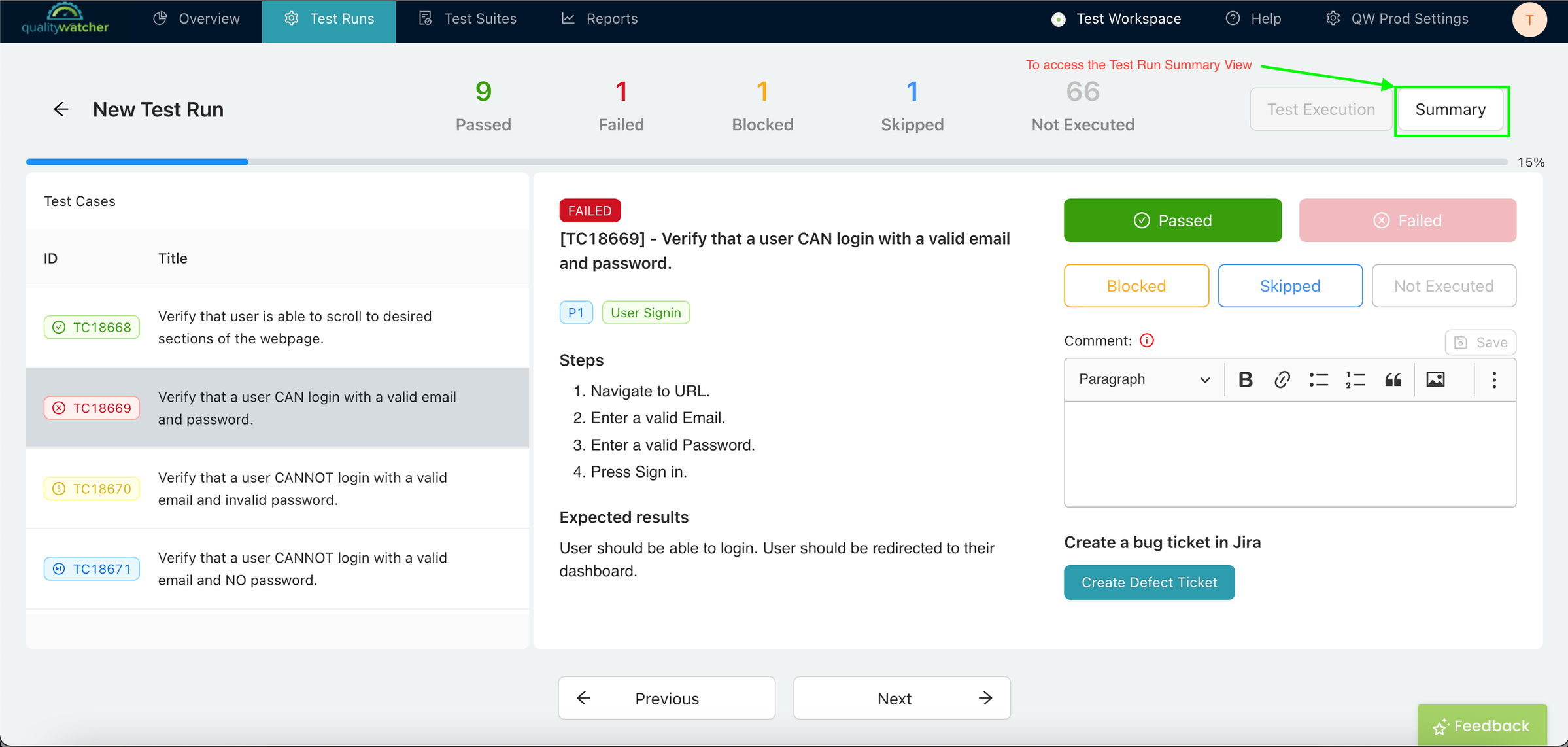 Accessing the Test Run Summary View