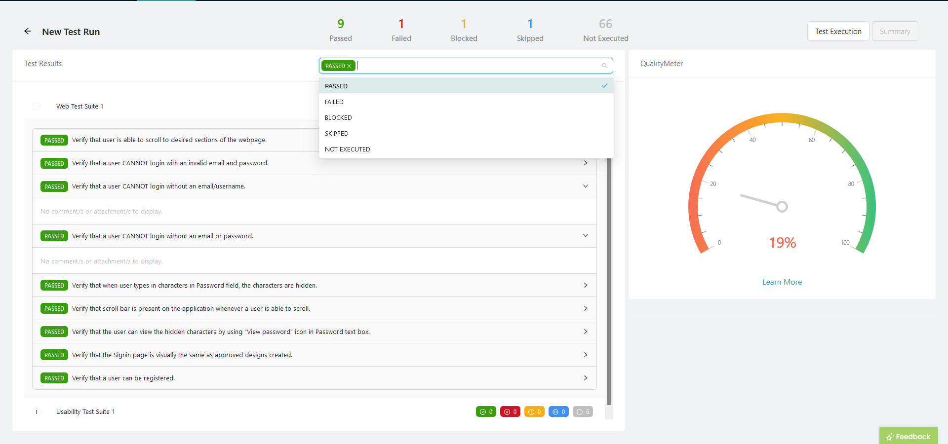 Filtering by Status within the Test Run Summary View