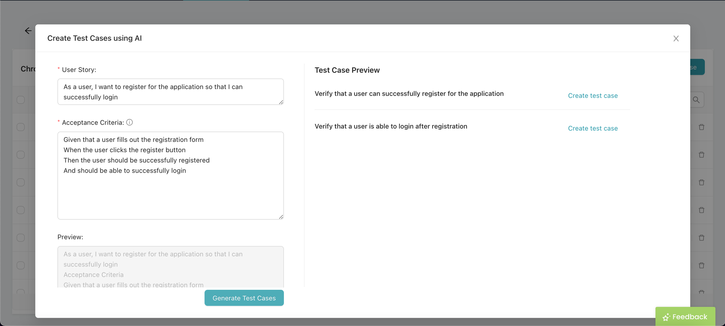 Test cases generated from the examples stated above