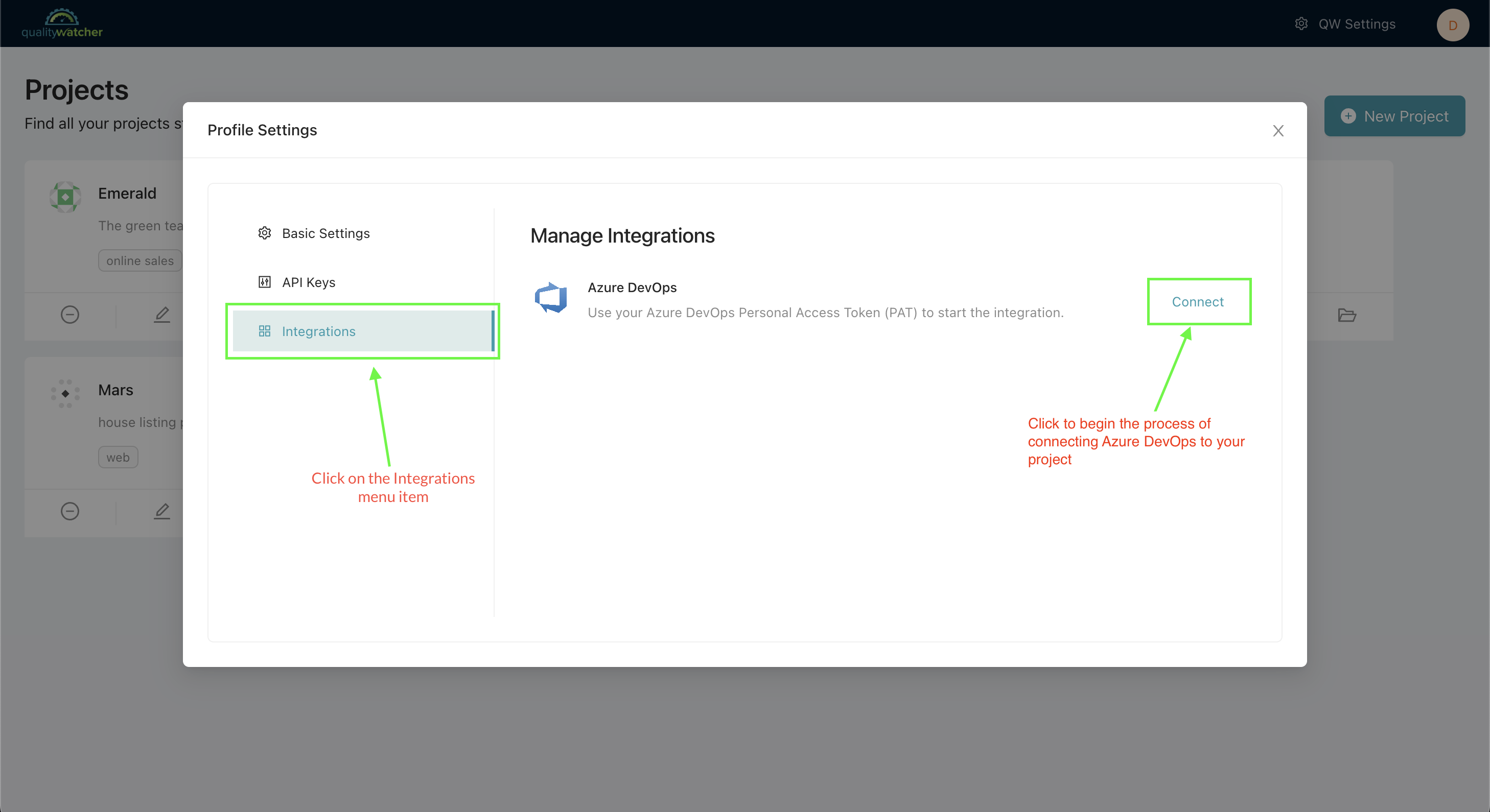 Once you are within your profile settings, you must navigate to and open the “Integrations” menu. Click “Connect” to begin your Azure DevOps integration process.