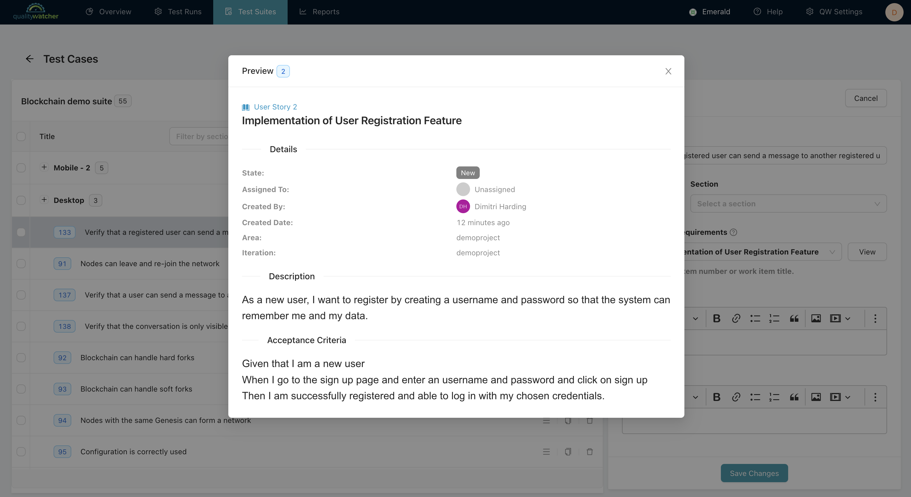 If a test case has a reference, you can click “View reference details“ to view the Azure DevOps work item details with QualityWatcher (as shown above).