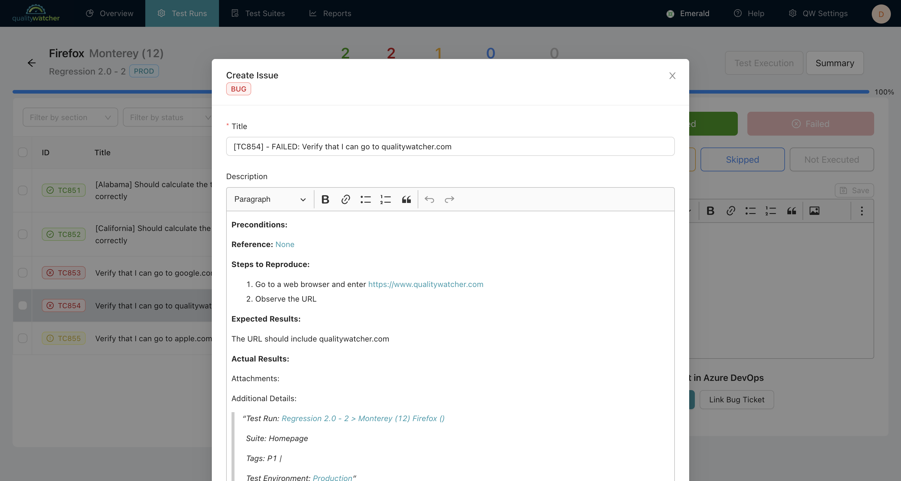 Modal for creating bug work item in Azure DevOps - 1