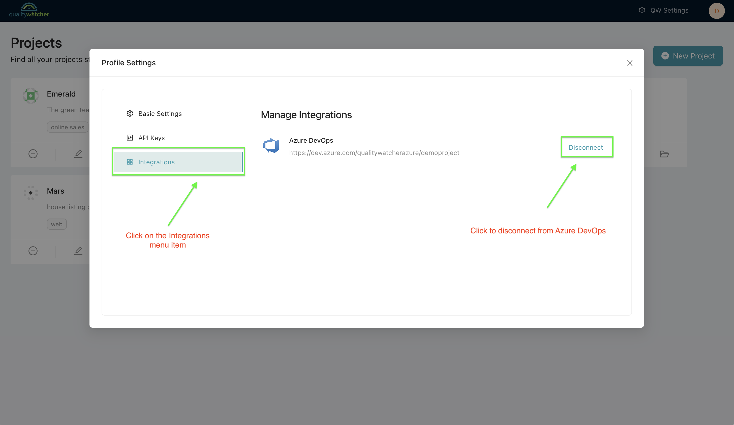 Once you are within your user settings, you must navigate to and open the “Integrations” menu. Click “Disconnect” to disconnect from Azure DevOps.