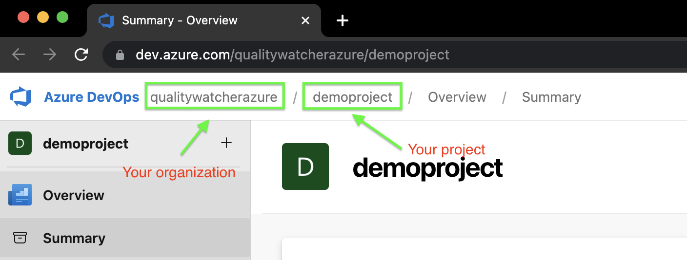 Note where to find the Organization and Project IDs in your Azure DevOps dashboard.