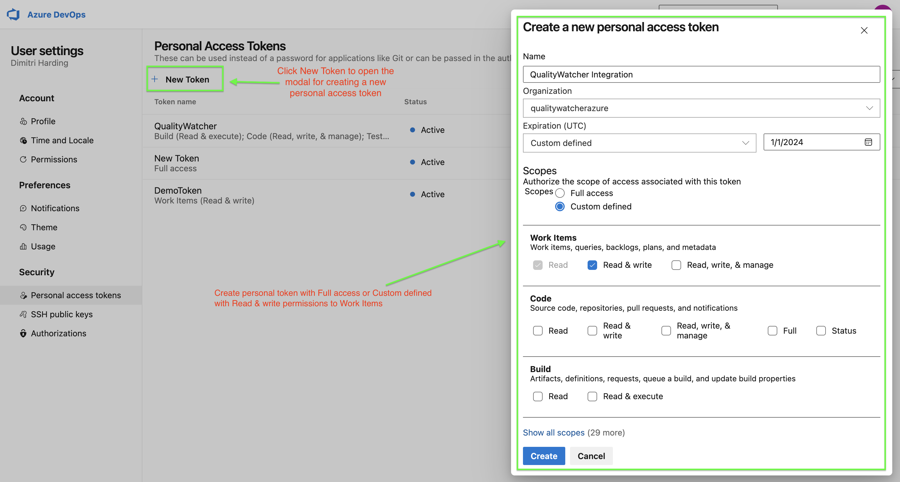 Generate personal access token with permissions to Work Items.