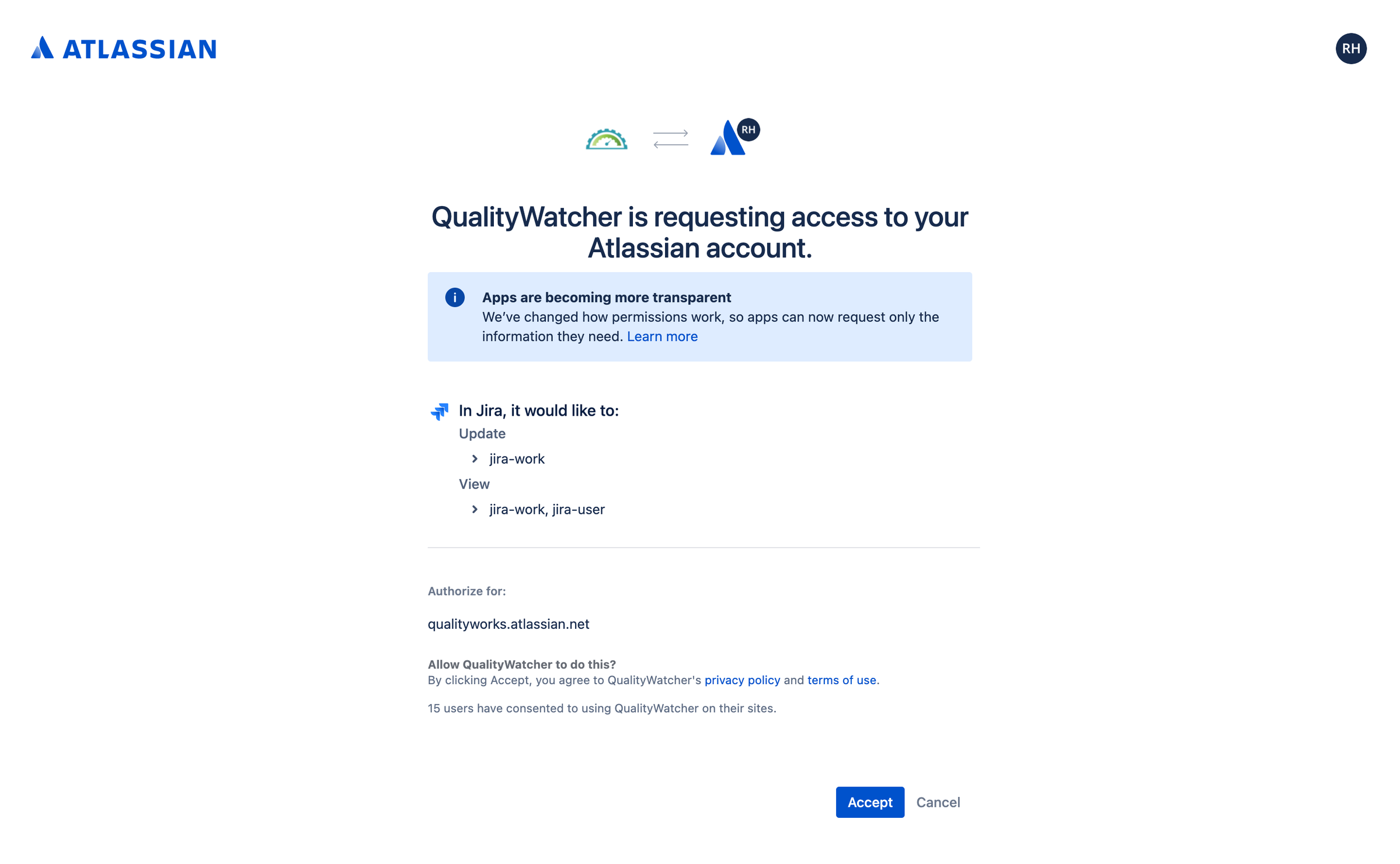 Once the “Connect” is clicked, a new tab will be open with this screen if you’re currently logged in to your Jira account. Click “Accept” to give QualityWatcher access to your Atlassian account(Jira).