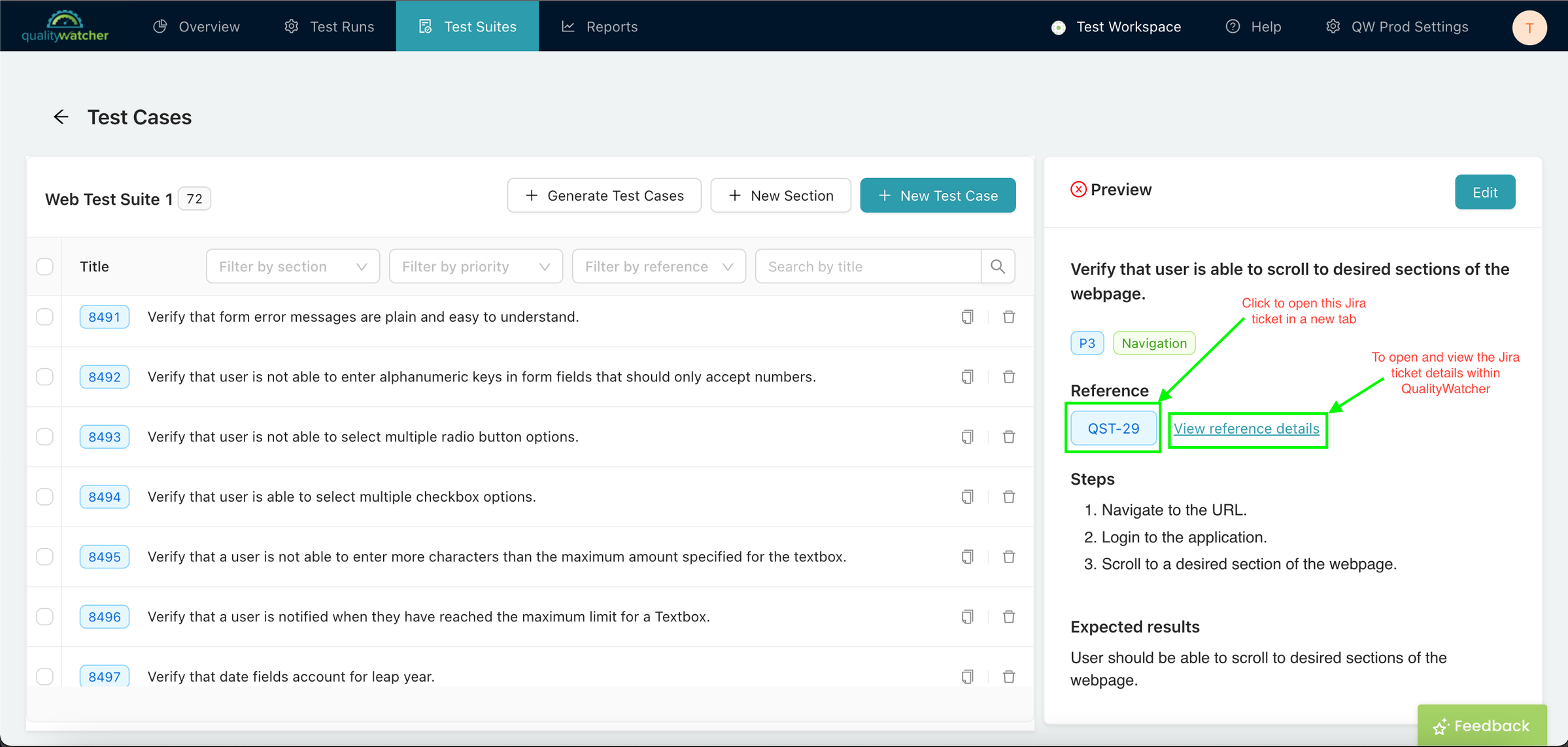 If a test case has a reference you can click “View reference details“ to view the Jira ticket details with QualityWatcher.