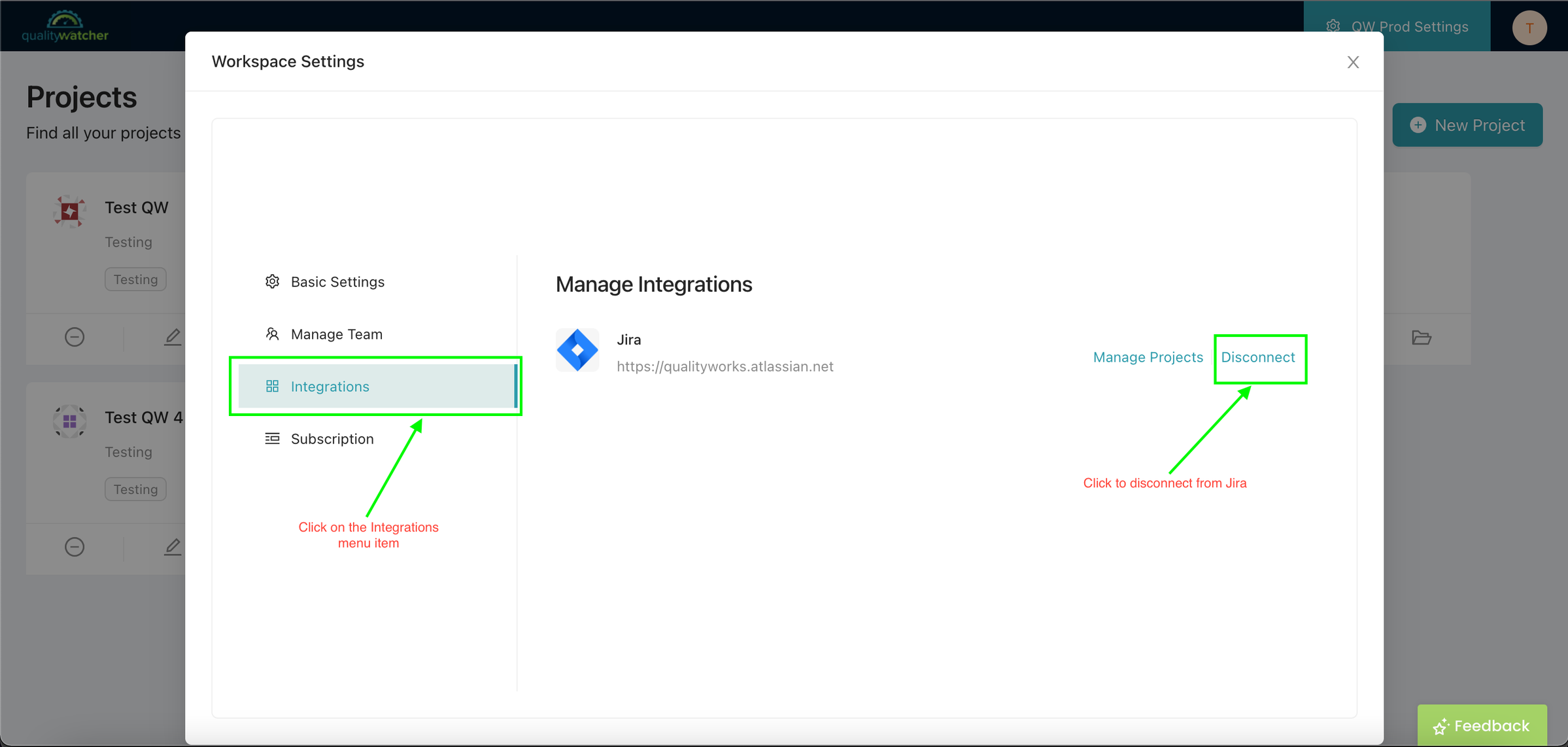 Once you’re within your profile settings (non admin users) or workspace settings (admin users), you will need to navigate and open the “Integrations” menu. Click “Disconnect” to disconnect Jira.