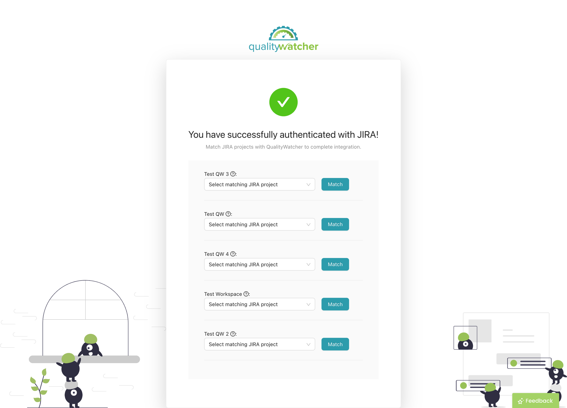 You are now authenticated and can match your Jira project(s) to your QualityWatcher project(s) then click the “Match” button to confirm your selections.