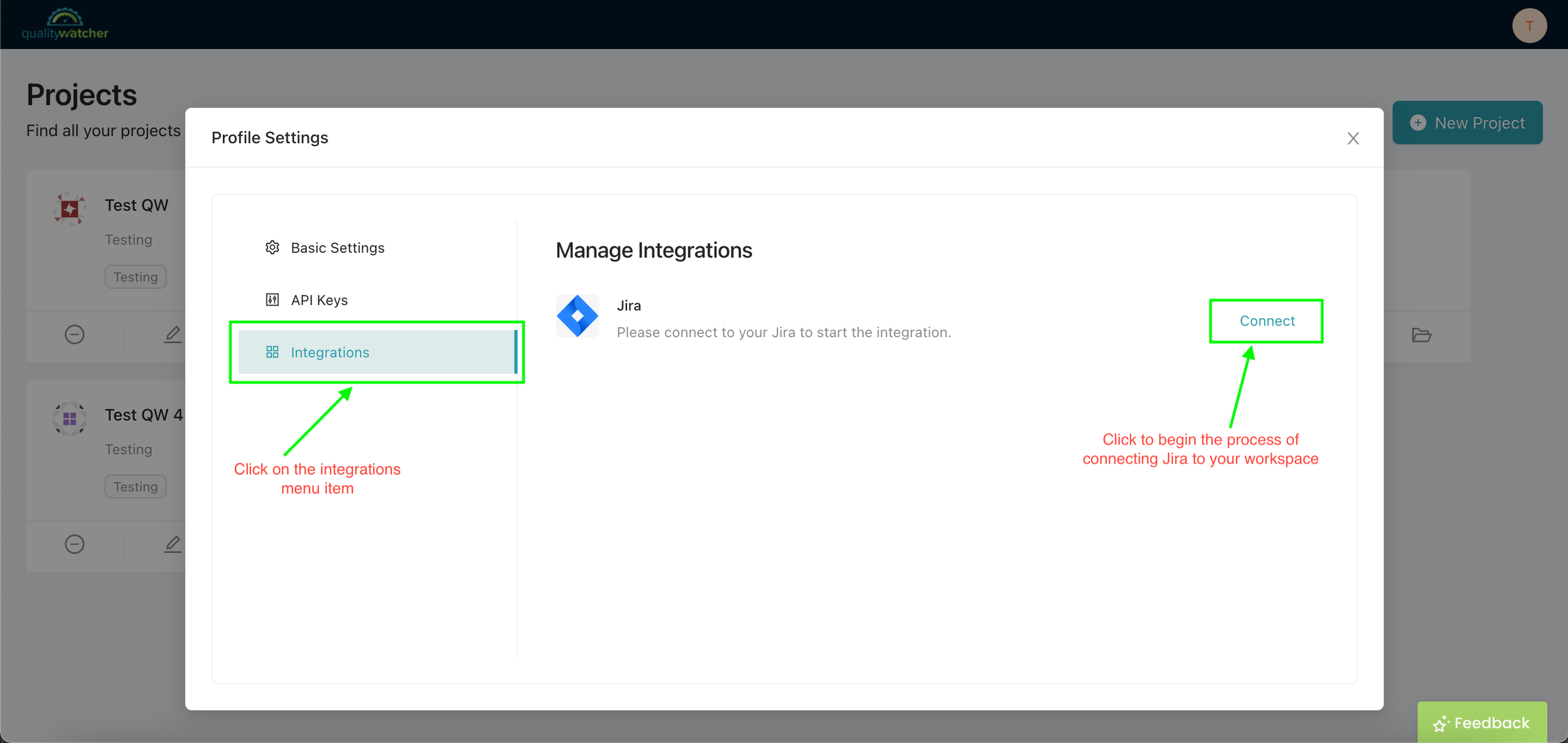 Once you’re within your profile settings, you will need to navigate and open the “Integrations” menu. Click “Connect” to begin your Jira integration process.