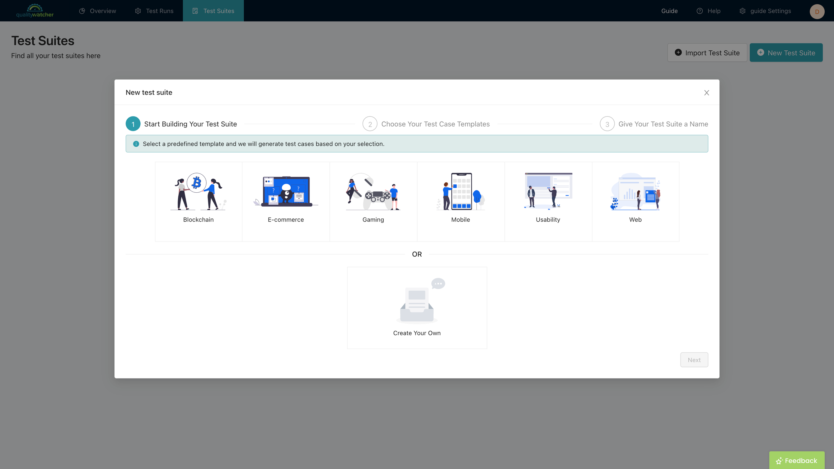 New test suite modal with the option to create a suite from the templates or from scratch