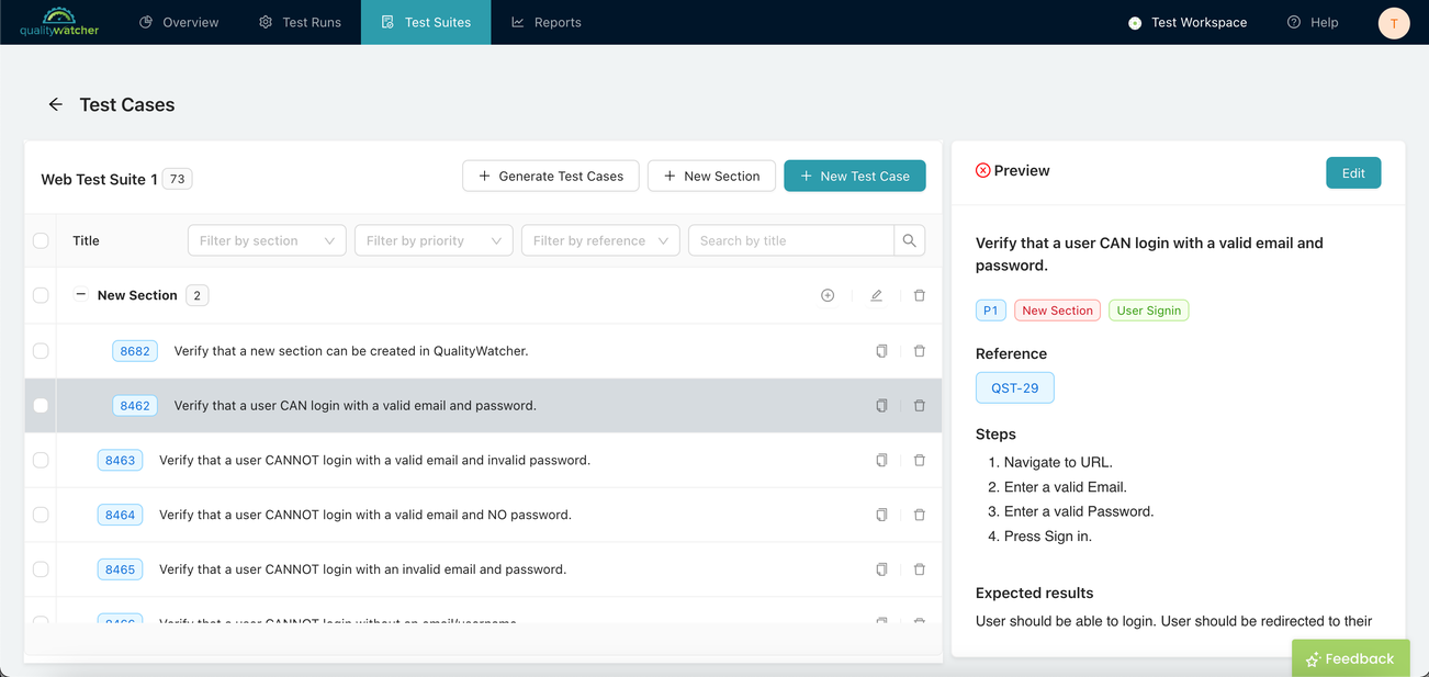 Successfully added an existing test case to a section.