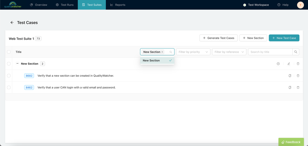 Filtering Test Cases by Section