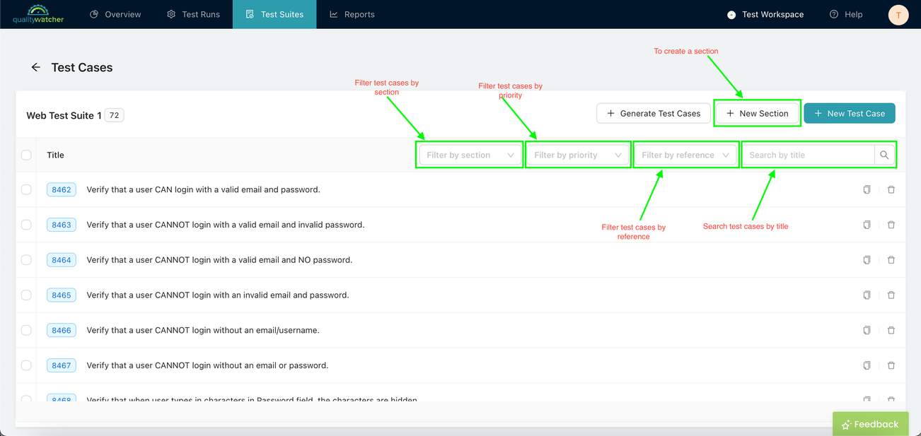 Inside a Test Suite in QualityWatcher