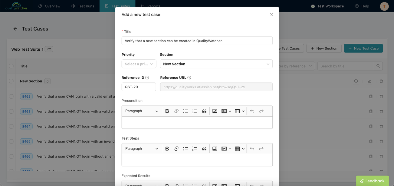 Section field is already pre-populated with the section you’re adding the test case to.