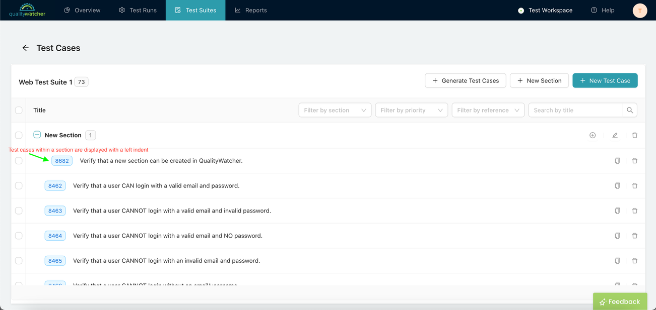 Successfully created the test case within a section.