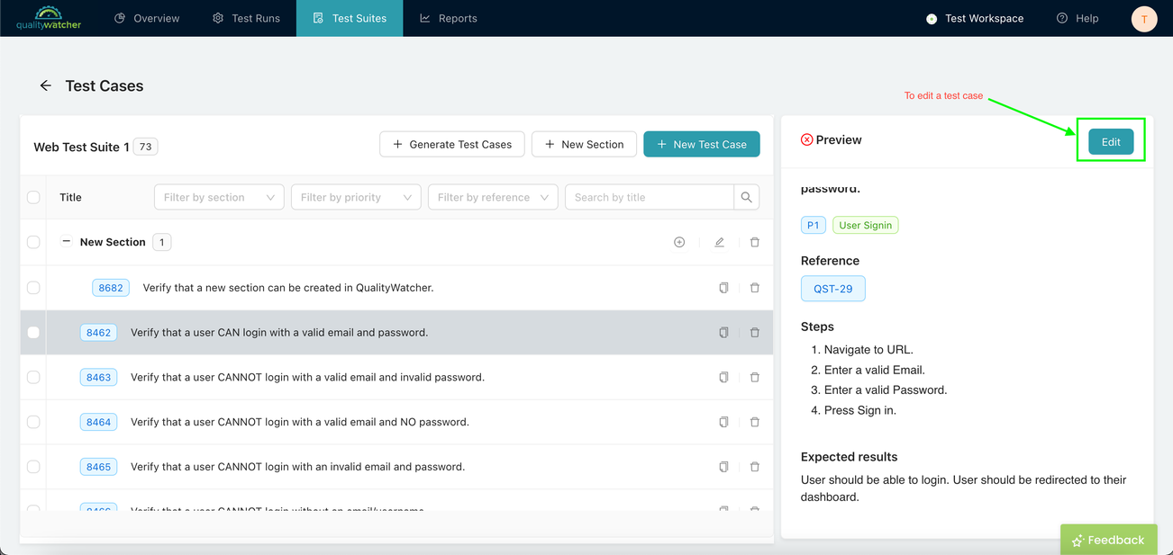 Select a test case then click the “Edit” button in the preview section.