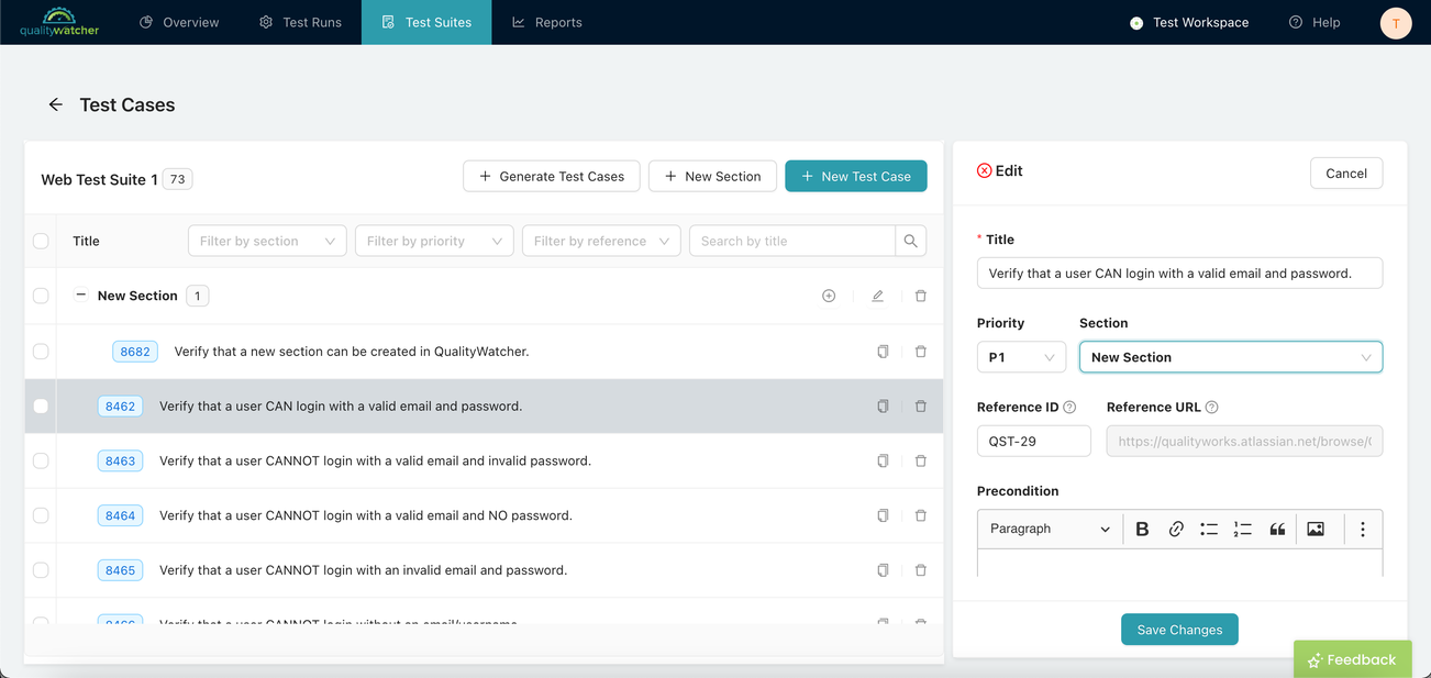Select the section you wish to add the test case from the section dropdown. After the section is selected, click the “Save Changes” button to save the changes.