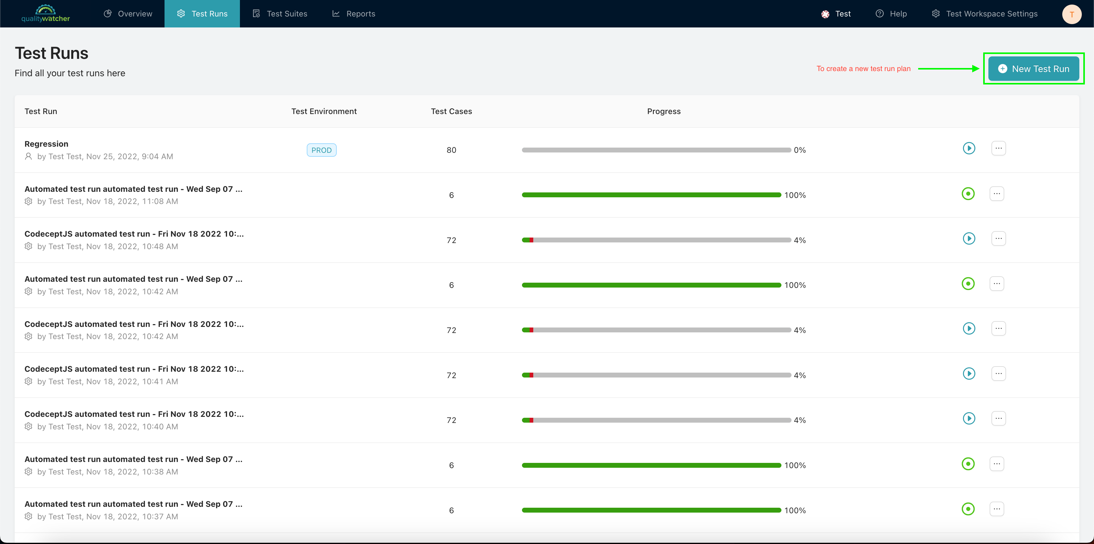 Creating a new Test Run Plan in QualityWatcher