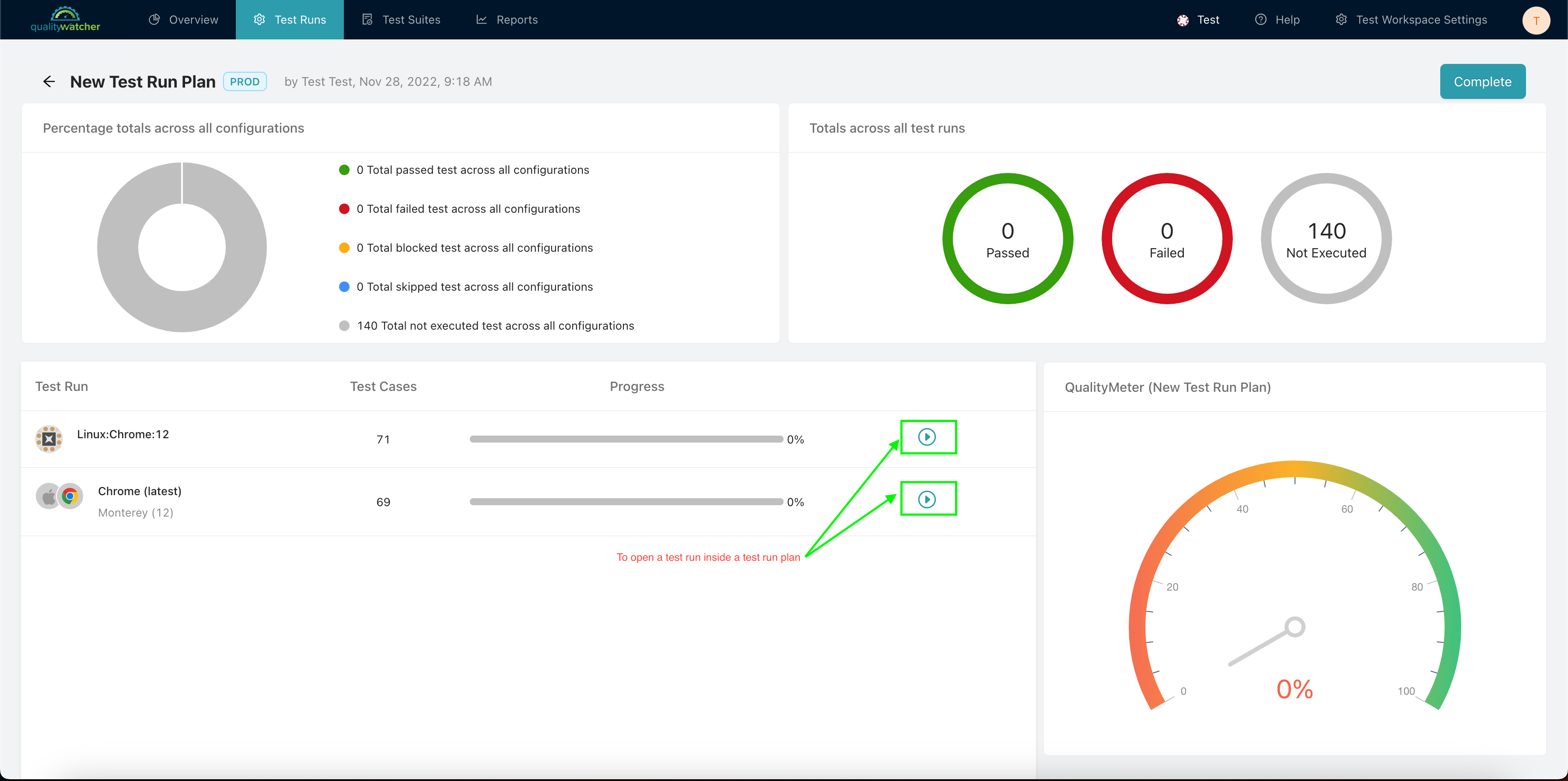 To open a test run inside a test run plan.