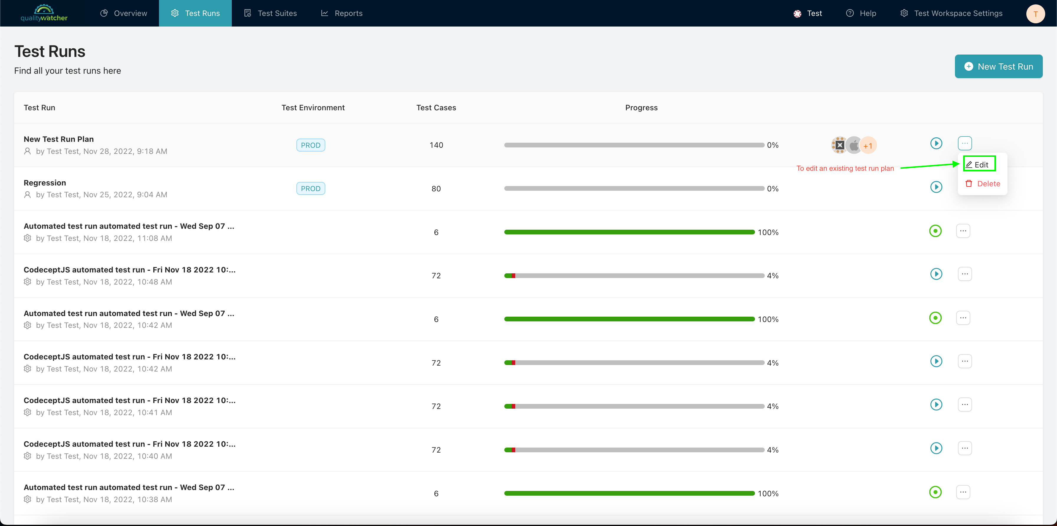 Editing an existing Test Run Plan in QualityWatcher