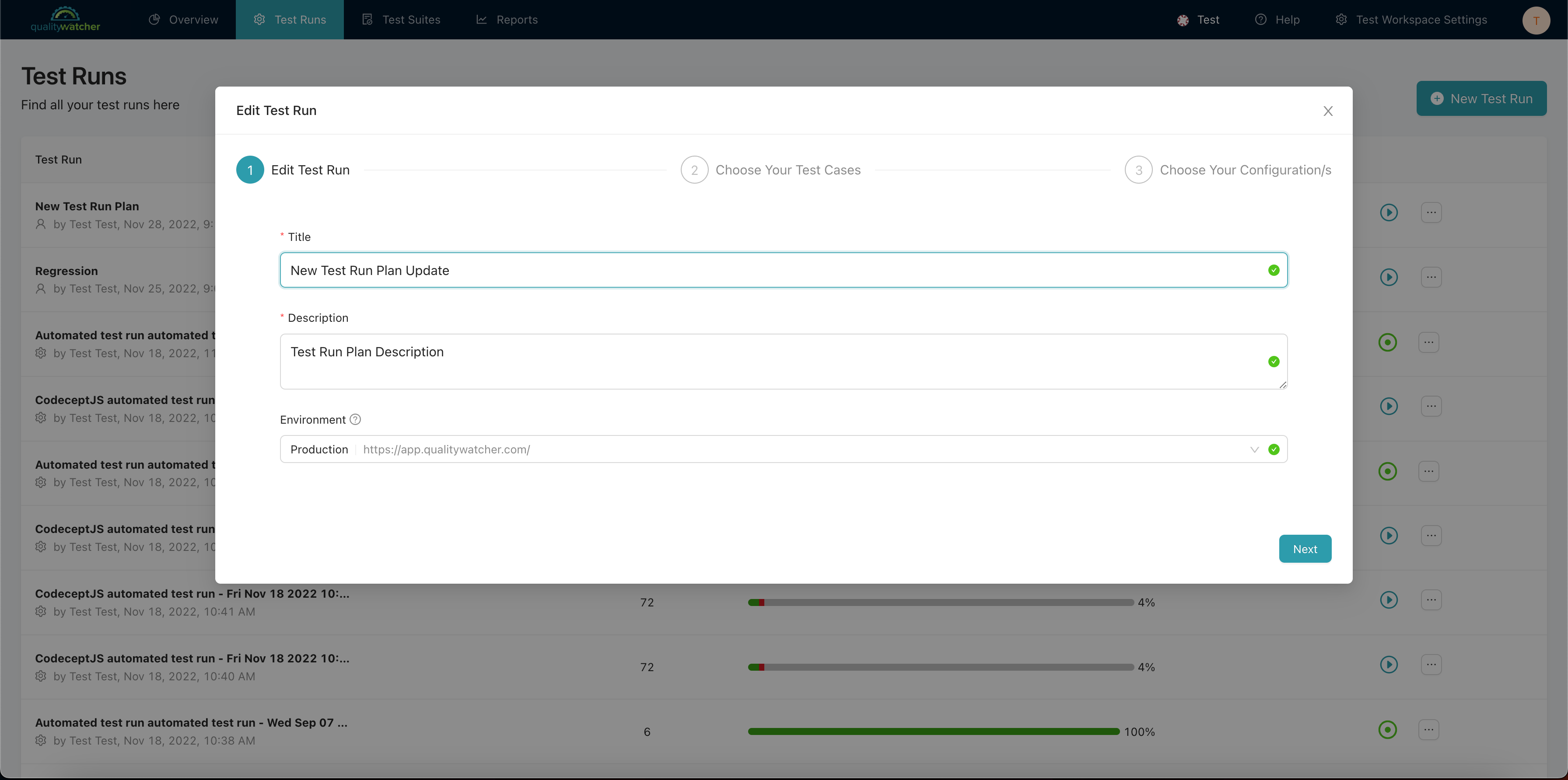 Editing a Test Run Plan in QualityWatcher