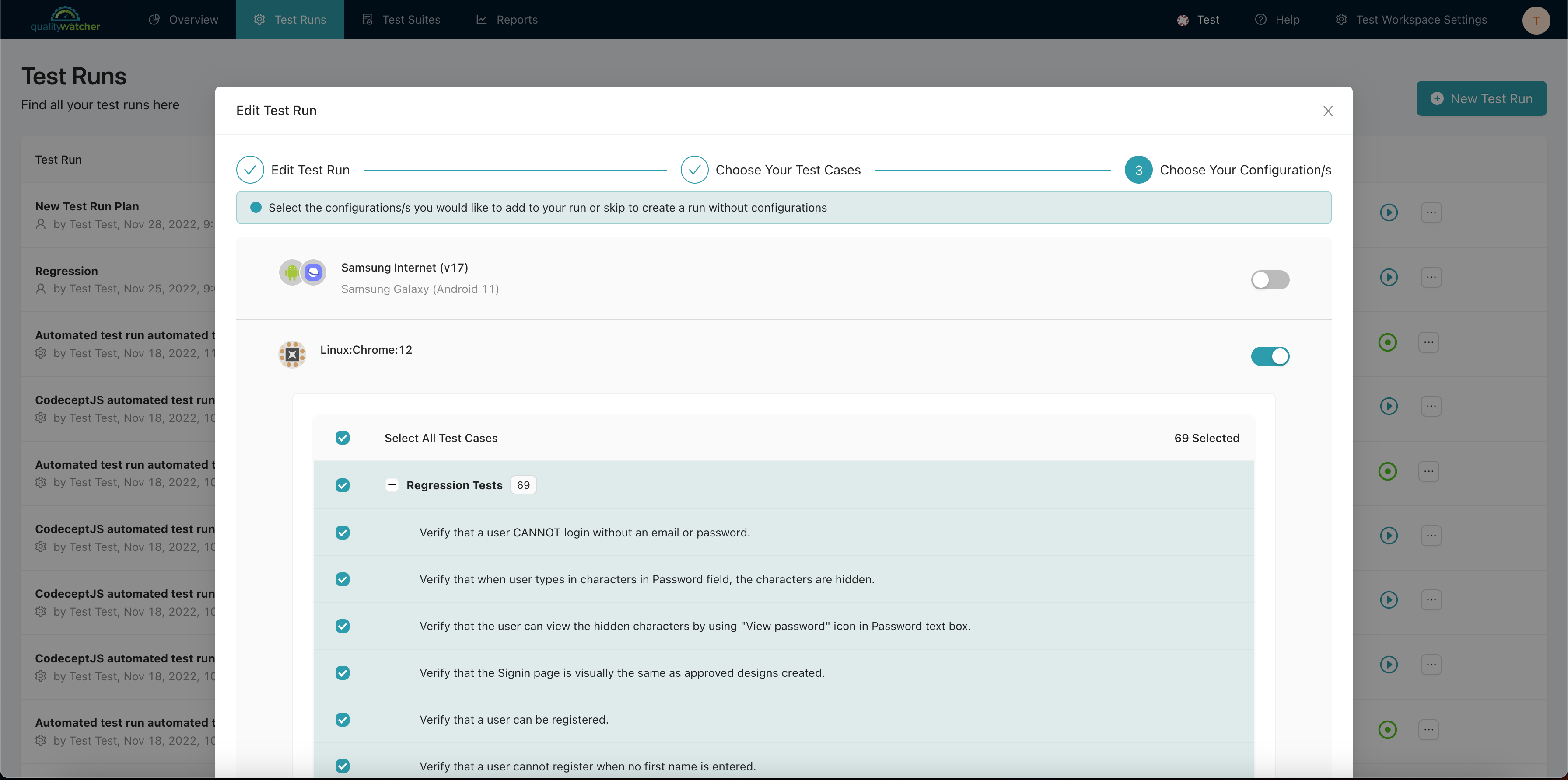 Editing configurations in a test run plan.