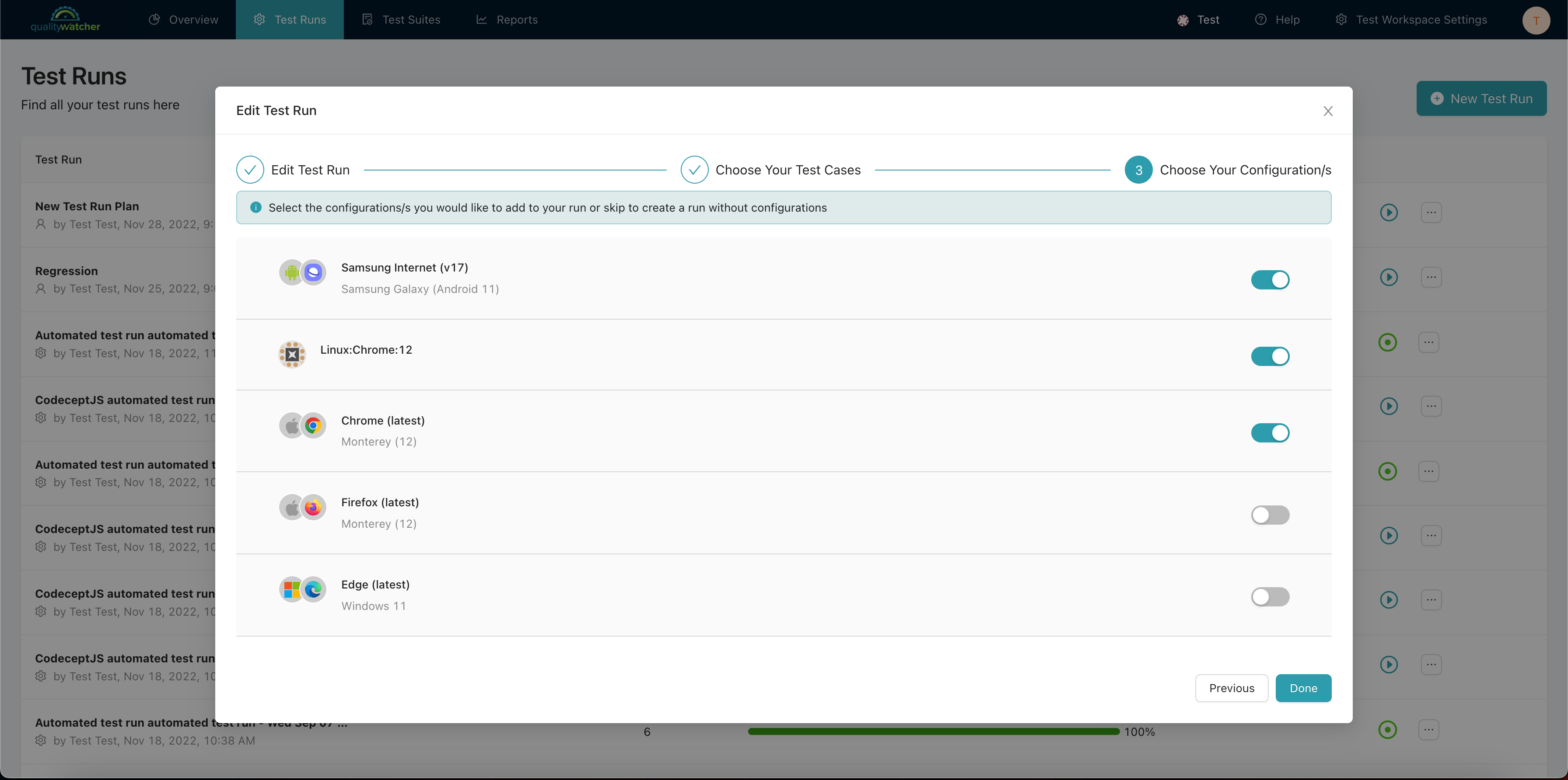 Here you can add or remove configurations in the test run plan.