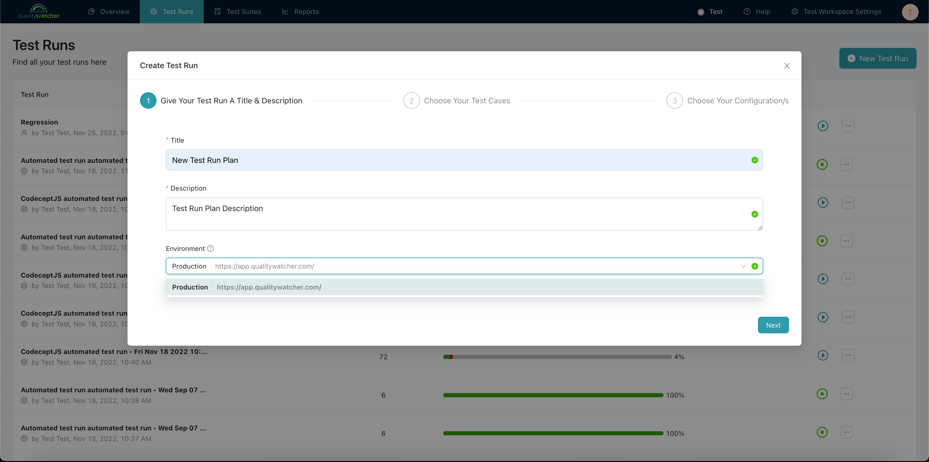 Creating a new Test Run Plan in QualityWatcher