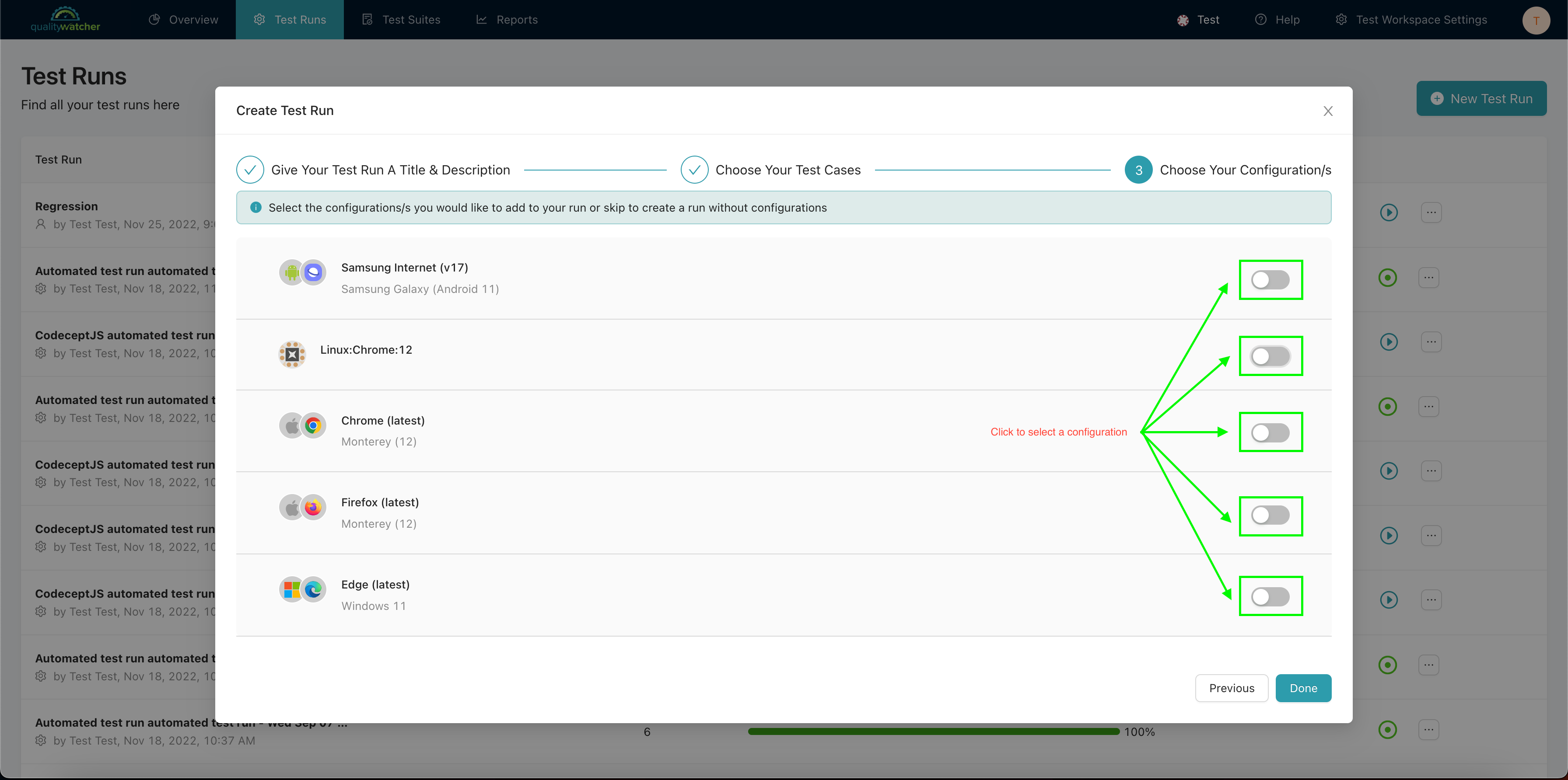 Select the configuration(s) to create the test run plan with.