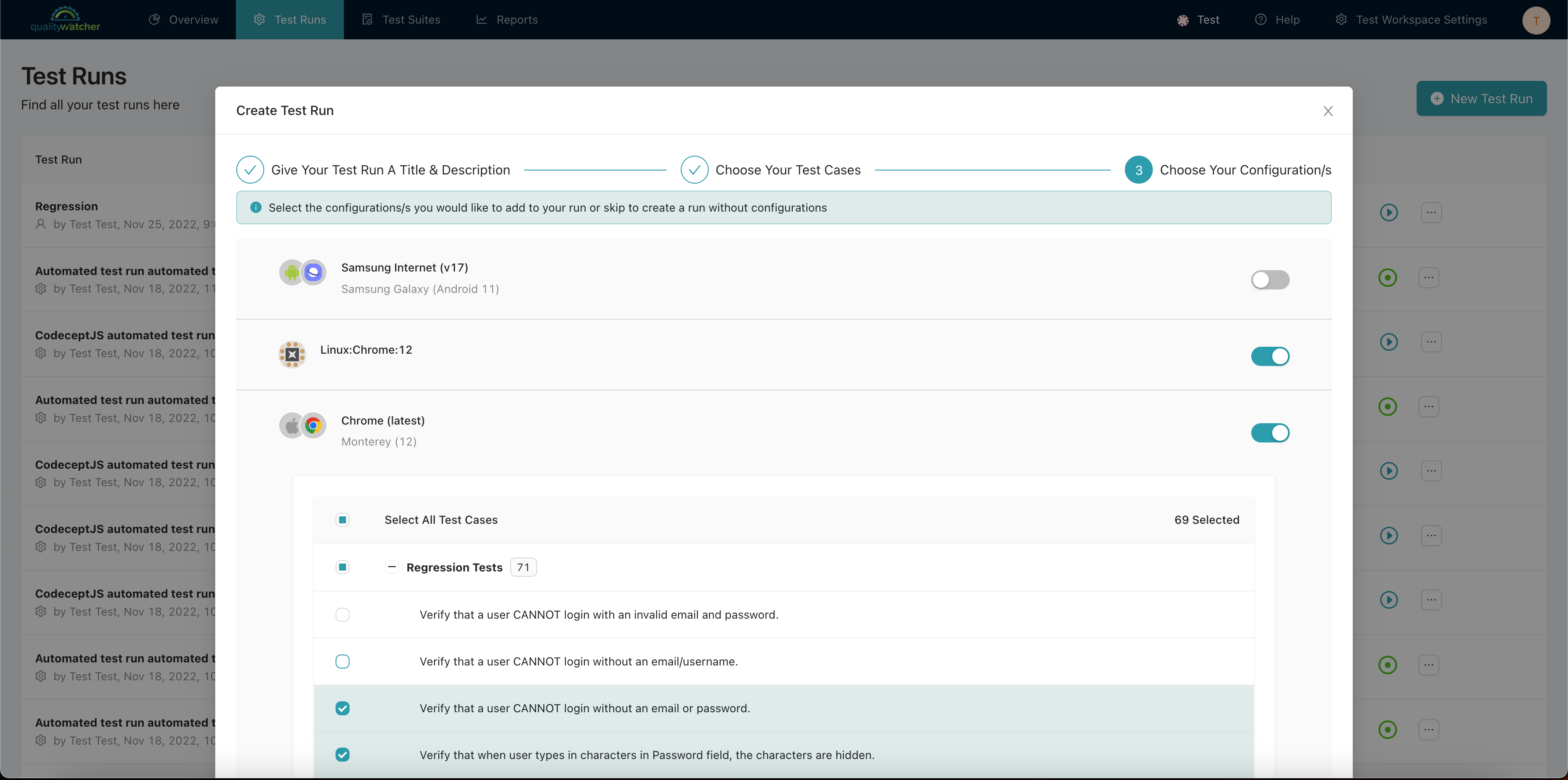 Removing test cases in a configuration